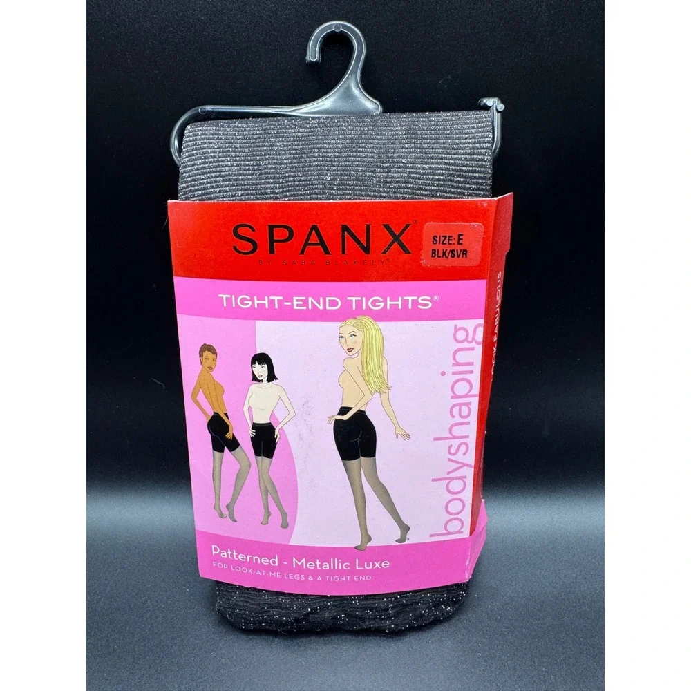 Spanx Tight-End Tights Metallic Luxe Black Silver Shaper Size E 398 mtlc luxe